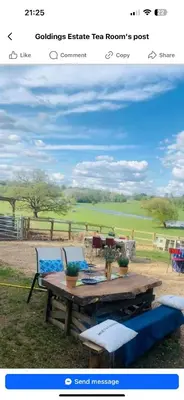 a picture of a picnic table with two chairs at Riverside farm Yurt tent Hertford in Hertford