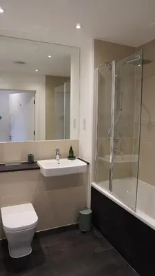 a bathroom with a toilet and a sink and a shower at Cambridge Urban Suite in Cambridge