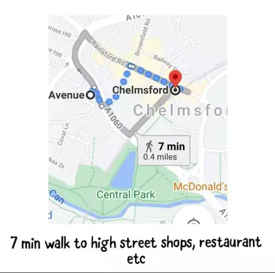 a map of a city with a red dot at The Tudors Modern 3-Bed Home with Fast WiFi, Private Drive & Near Town Center in Chelmsford