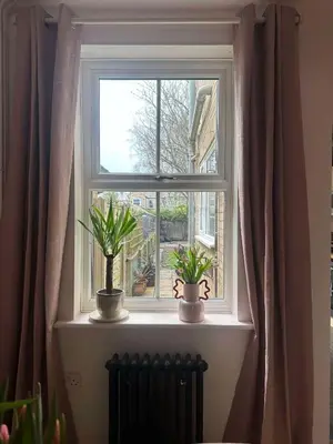 a window with two potted plants on a window sill at Hurrell Cottage in Cambridge
