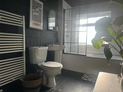a bathroom with a toilet and a sink and a window at Hurrell Cottage in Cambridge