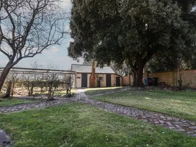 a house with trees and a stone path at The Woodshed in Clacton-on-Sea
