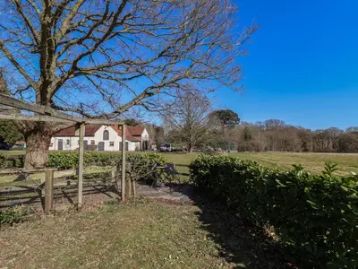 a fence in front of a white house with a tree at The Woodshed in Clacton-on-Sea