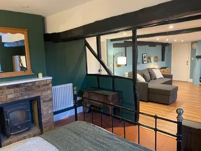 a living room with a couch and a fireplace at The Old King Bill in Fenstanton