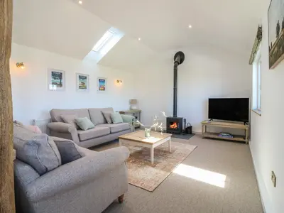 a living room with two couches and a tv at The Hide in Colchester