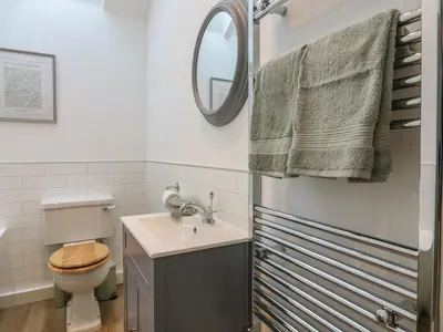 a bathroom with a sink and a toilet and a mirror at The Hide in Colchester