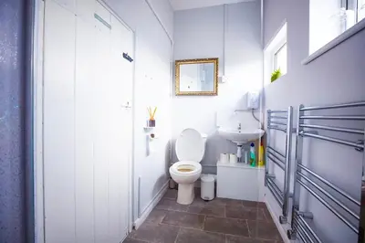 a white bathroom with a toilet and a sink at The Serene Suite Brandon in Brandon