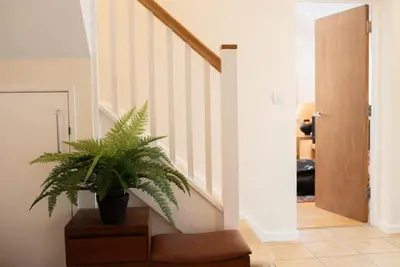 a potted plant sitting on a wooden table next to a staircase at Stylish 3-Bedroom Detached Home in Cambridge in Chesterton