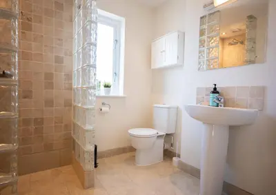 a bathroom with a toilet and a sink and a shower at Stylish 3-Bedroom Detached Home in Cambridge in Chesterton