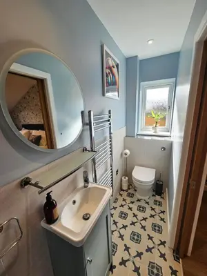 a bathroom with a sink and a mirror and a toilet at Gala Suite - The Apple Barn in Pettistree