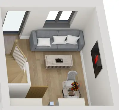 an overhead view of a living room with a couch at Cameo Suite - The Apple Barn in Pettistree