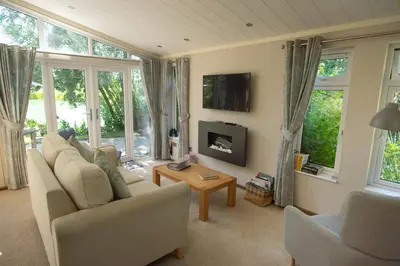a living room with a couch and a fireplace at Welhams Meadow Holiday Lodges in Ringshall