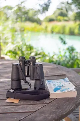 a pair of binoculars sitting on a table with a book at Welhams Meadow Holiday Lodges in Ringshall