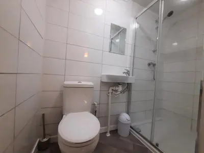 a bathroom with a toilet and a sink and a shower at Cozy Seaview Flat in Clacton-on-Sea