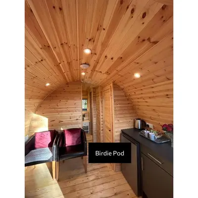 a wooden cabin with a kitchen and a dining room at Forrester Park Glamping Pods - Eagle Pod and Birdie Pods in Great Totham