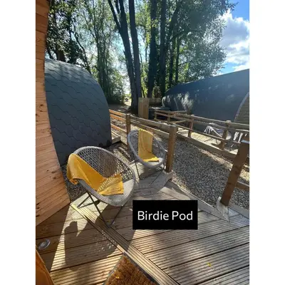 a couple of chairs sitting on a wooden deck at Forrester Park Glamping Pods - Eagle Pod and Birdie Pods in Great Totham