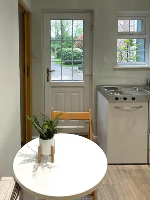 a kitchen with a table with a plant on it at Cosy Home Opposite Addenbrookes Hospital - Free Parking in Cambridge
