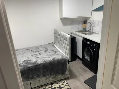 a kitchen with a washer and dryer in a room at Cozy mini studio in Basildon in Nevendon