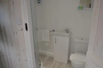 a white bathroom with a toilet and a sink at Shepherds Hut 6 in Bedfield
