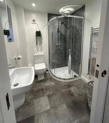 a bathroom with a shower and a toilet and a sink at The Annexe Long Melford in Long Melford