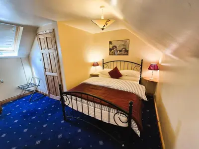 a bedroom with a bed with a blue carpet at Thaxted Bed & Breakfast and Accommodation in Thaxted