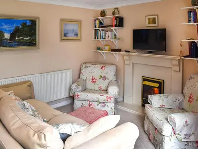 a living room with two chairs and a fireplace at Swallowdale in Flordon