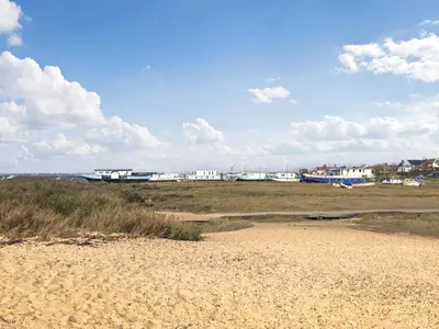 a beach with houses in the background and a field at Island Cottage in West Mersea