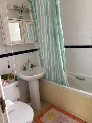 a bathroom with a sink and a shower curtain at Next to double Nobel Laureate in Trumpington