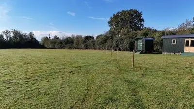 a green field with a shed and trees in it at Delightful shepherd's hut in a rural location in North Fambridge