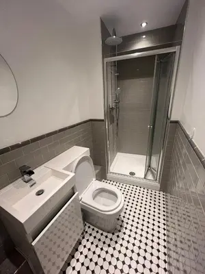 a bathroom with a shower and a toilet and a sink at The Essex Atelier Studio Flat 2 in Chelmsford