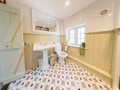 a bathroom with a sink and a toilet at Magnolia Cottage your cosy Getaway Pass the Keys in Chelmsford