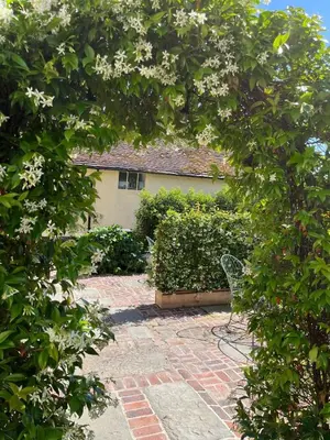 a chair sitting on a brick patio in front of a house at Taper House - Cosy Medieval Cottage in Kersey