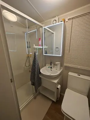 a bathroom with a sink and a shower and a toilet at Family Holiday Home with private terrace in Saint Osyth