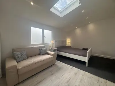 a bedroom with a couch and a bed and a skylight at The Studio Guesthouse in Little Burstead