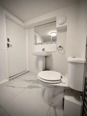 a white bathroom with a toilet and a sink at Churchgate Apartment in Bury Saint Edmunds