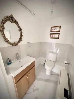a bathroom with a sink and a toilet and a mirror at Churchgate Apartment in Bury Saint Edmunds