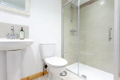 a bathroom with a shower and a toilet and a sink at Stansted airport - studio annexe with parking in Hatfield Broad Oak