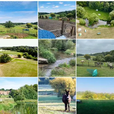 a collage of photos with a horse in a field at Stables 2bed farm stay private firepit bbq in Bramfield