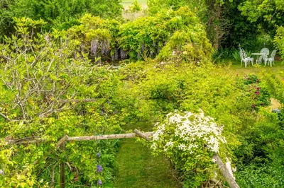 a garden with two white chairs and flowers at Stunning estuary views - Riverside Cottage in Snape