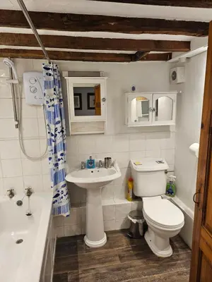 a bathroom with a toilet and a sink and a tub at 2 Church Path in Earsham