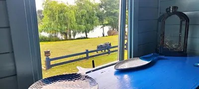 a room with a window with a view of a bird at Lakeview Petting Pod in Chelmsford