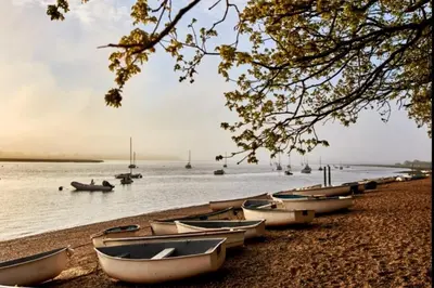 a row of boats on the shore of a body of water at A Beautiful Country Cottage in Waldringfield