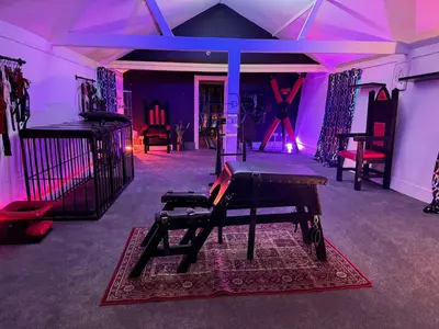 a room with purple lighting and a piano in it at Essex Dungeon Suite in Heybridge