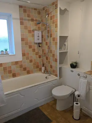 a bathroom with a tub and a toilet and a shower at Cambridge House near Addenbrookes, station and parking! in Shelford
