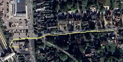 a map of a road with a yellow line at Boutique Cottage by Bishop's Stortford train station, easy to Stansted Airport & Parking in Bishops Stortford