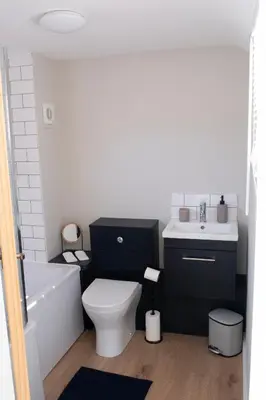 a bathroom with a white toilet and a sink at Horseshoe house in Sudbury