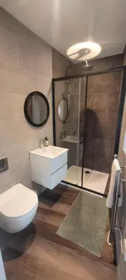 a bathroom with a toilet and a sink and a shower at Cozy Studio Newly Furnished in Colchester