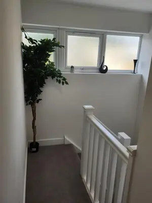 a staircase with two windows and a potted plant at Ensuite deluxe home in Basildon