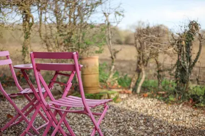 two pink chairs sitting next to each other at Studio Lodge with parking - Stansted airport in Hatfield Broad Oak
