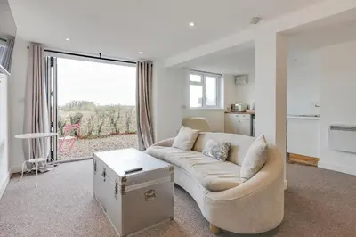 a living room with a couch and a large window at Studio Lodge with parking - Stansted airport in Hatfield Broad Oak